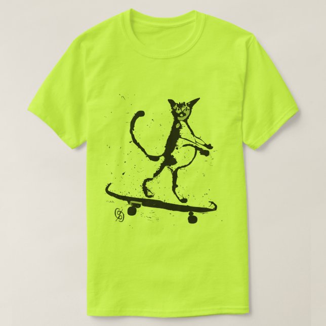 Splatter Graphic Cat Skateboarder T-Shirt (Design Front)