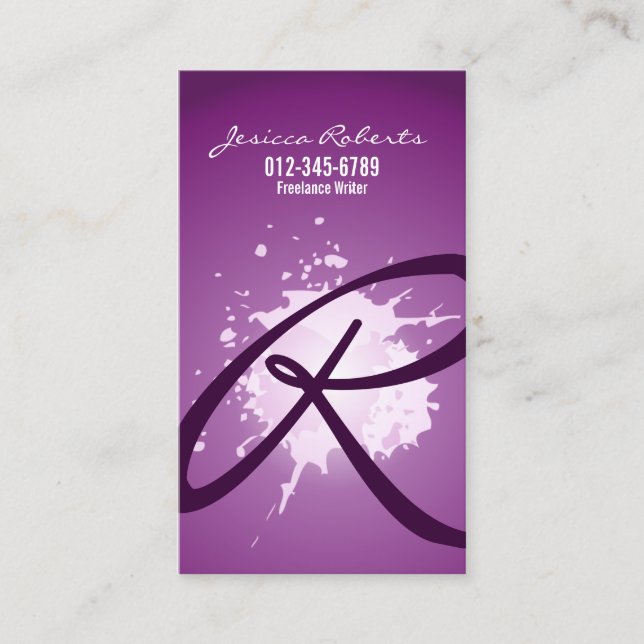 Splatter Script Monogram Purple Business Card (Front)
