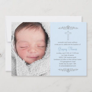 Splendid Cross Photo Baptism Invitation - Blue