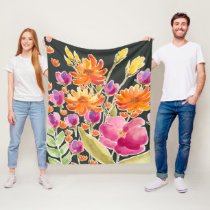 Splendid Gathering - Pink and Orange Flowers Fleece Blanket
