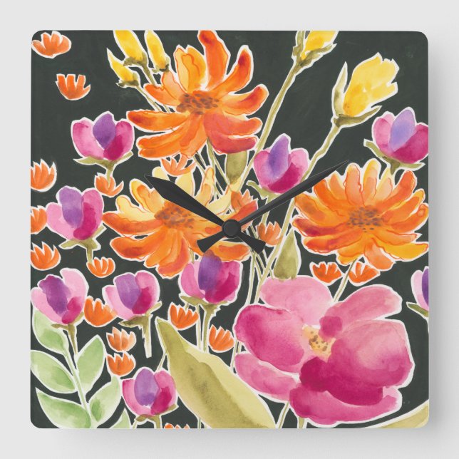 Splendid Gathering - Pink and Orange Flowers Square Wall Clock (Front)