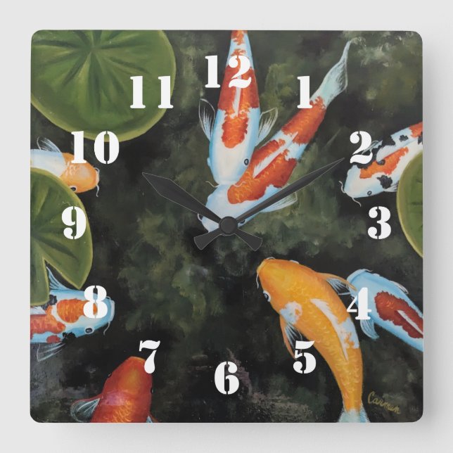 Splendid Koi Fish Square Wall Clock (Front)