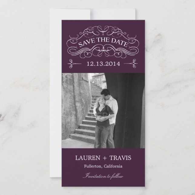 Splendid Swirls Save The Date Photo Card - Purple (Front)