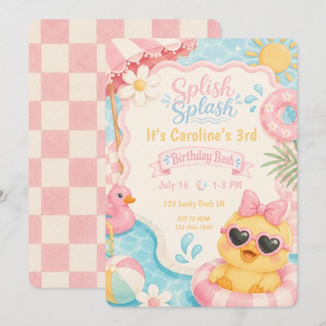 Splish Splash Duck Pool Birthday Invitation | Pink (Front/Back)