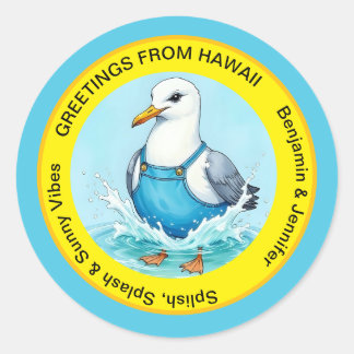 Splish Splash fun Seagull summer Hawaii greetings Classic Round Sticker