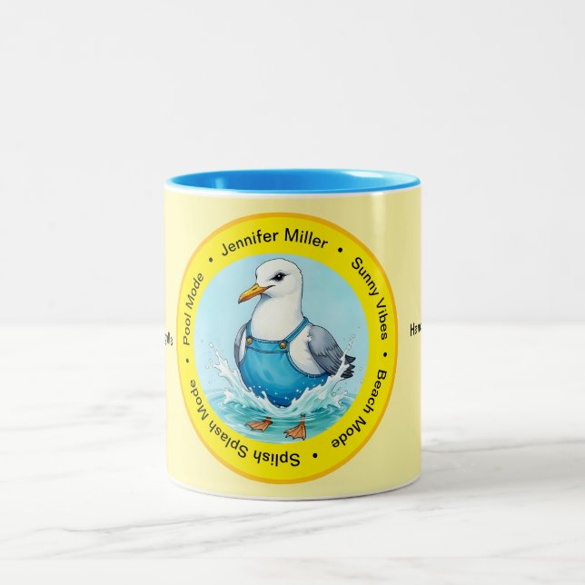 Splish Splash funny summer Seagull vacation  Two-Tone Coffee Mug (Center)