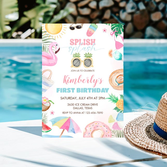 Splish Splash Girl Pool Party Pink Invitation (Creator Uploaded)