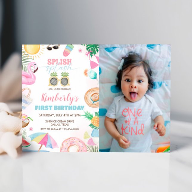 Splish Splash Girl Pool Party Pink Photo Invitation (Creator Uploaded)