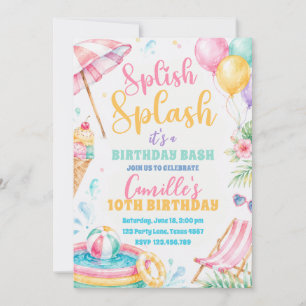 Splish Splash Girl Summer bash Birthday  Invitation