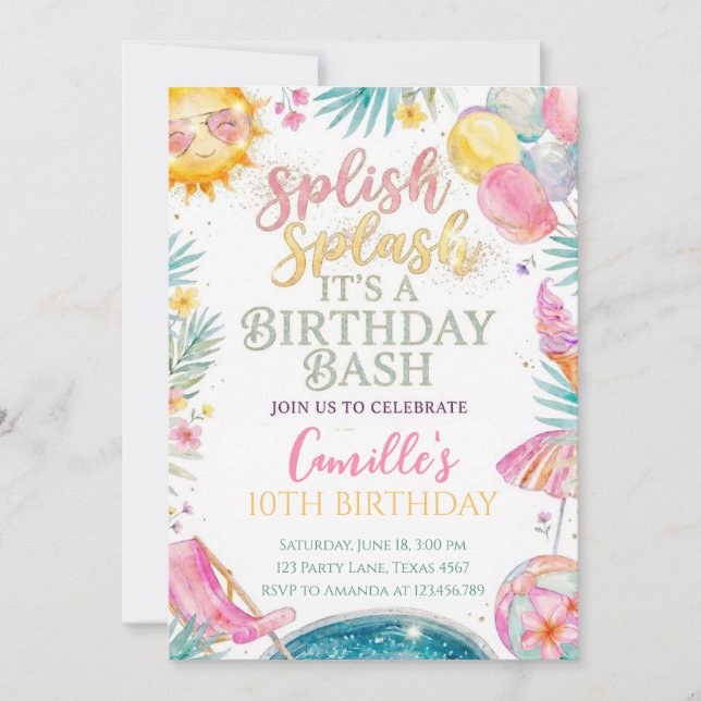 Splish Splash Girl summer Birthday Invitation (Front)