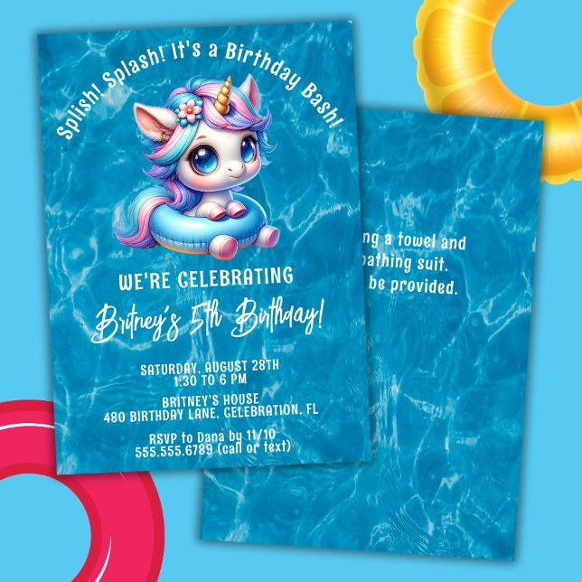 Splish Splash Girl Unicorn Pool Birthday Party Invitation (Creator Uploaded)
