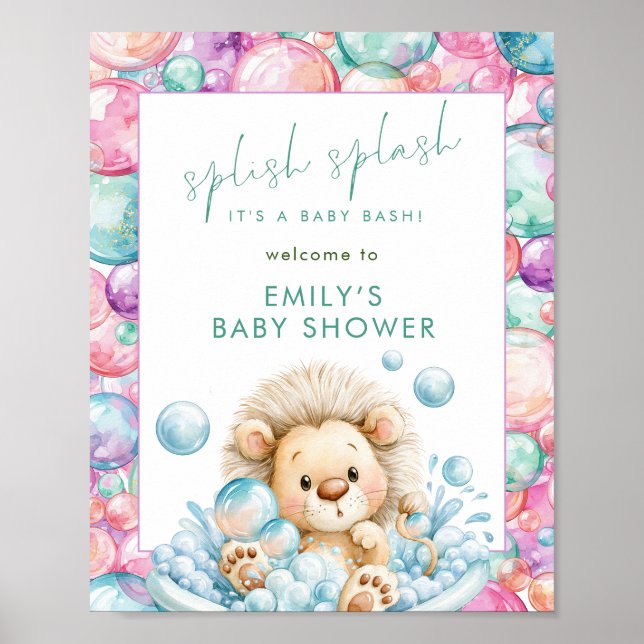 Splish Splash Lion Printable Welcome Baby Shower  Poster (Front)