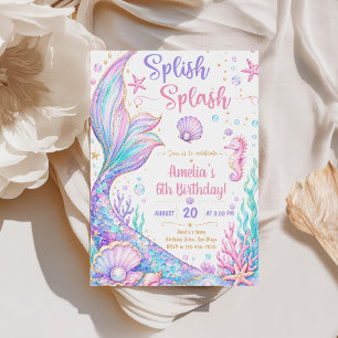 Splish Splash Mermaid 6th Birthday Invitation