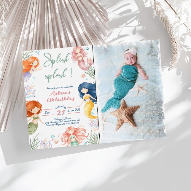 Splish Splash Mermaid 6th Birthday Invitation (Creator Uploaded)