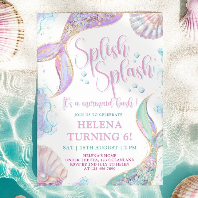 Splish Splash Mermaid 6th Birthday Invitation (Creator Uploaded)