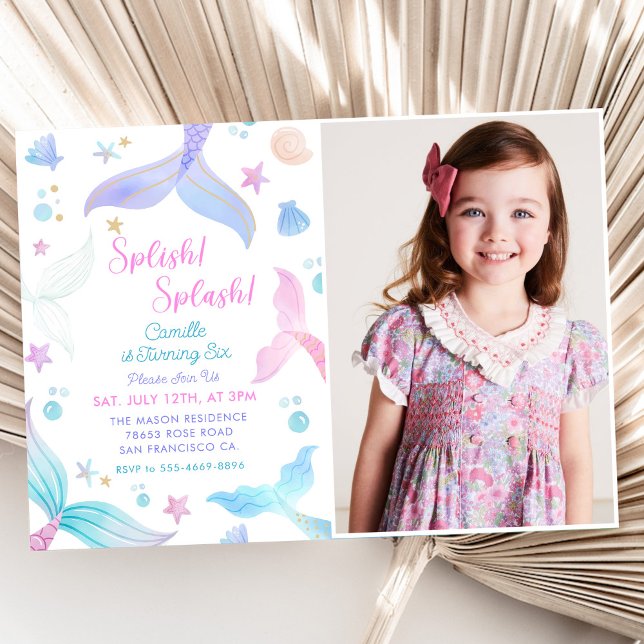 Splish Splash Mermaid 6th Birthday Party Photo Invitation (Creator Uploaded)