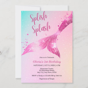 Splish Splash Mermaid Baby Girl 1st Birthday  Invitation