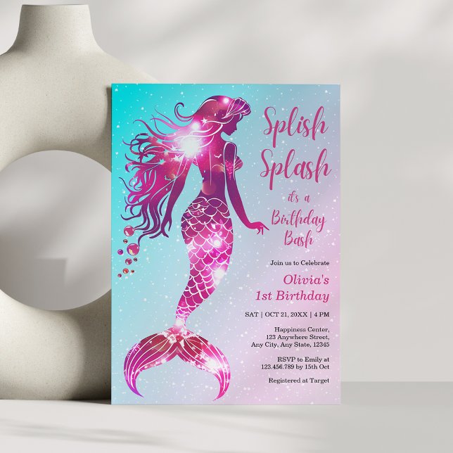 Splish Splash Mermaid Baby Girl 1st Birthday  Invitation (Splish Splash Mermaid Baby Girl 1st Birthday Invitation )