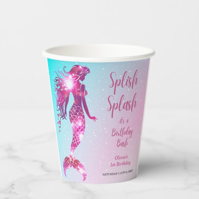 Splish Splash Mermaid Baby Girl 1st Birthday  Paper Cups (Front)
