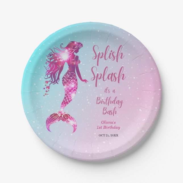 Splish Splash Mermaid Baby Girl 1st Birthday  Paper Plate (Front)