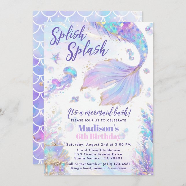Splish Splash Mermaid Bash Birthday Invitation (Front/Back)