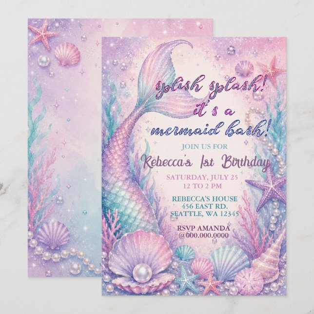 Splish Splash Mermaid Bash Birthday Party Invitation (Front/Back)