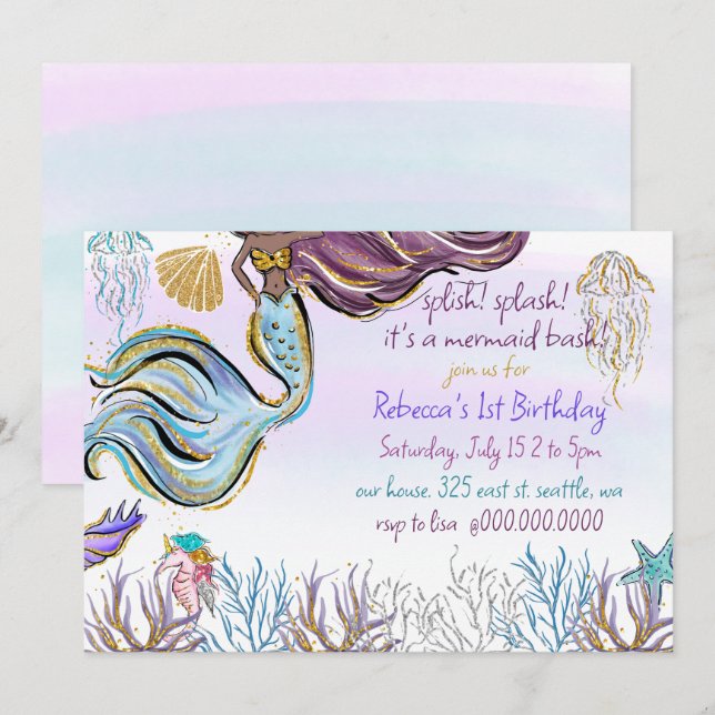 Splish Splash Mermaid Bash Birthday Party Invitation (Front/Back)