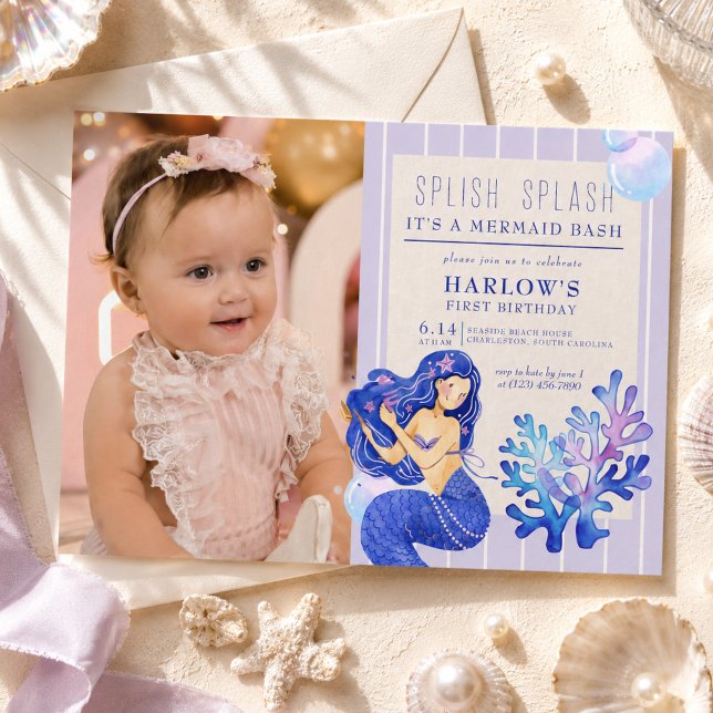 Splish Splash Mermaid Bash First Birthday Photo Invitation (Splish Splash Mermaid Bash First Birthday Photo Invitation)