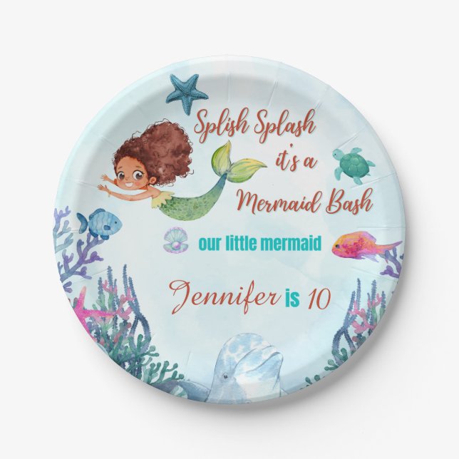 Splish Splash Mermaid Bash Girls Birthday Party Paper Plate (Front)