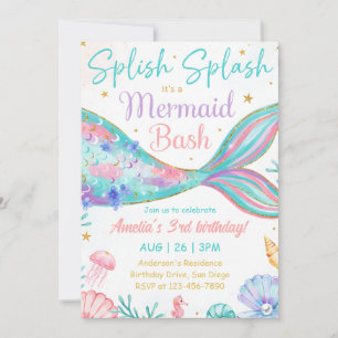 Splish Splash Mermaid Bash Under The Sea Birthday Invitation