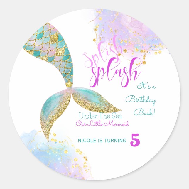 Splish splash mermaid birthday bash classic round sticker (Front)