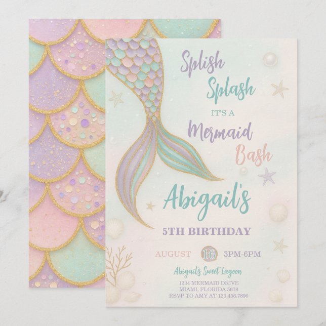 Splish Splash Mermaid Birthday Invitation (Front/Back)