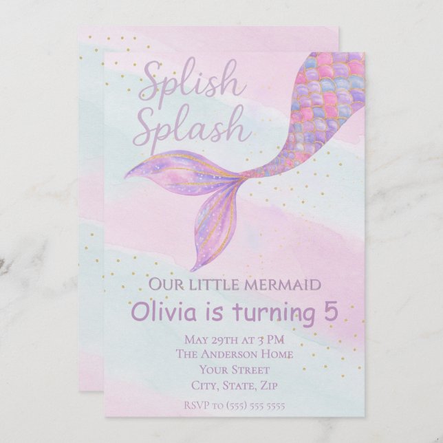 Splish Splash Mermaid Birthday Invitation (Front/Back)