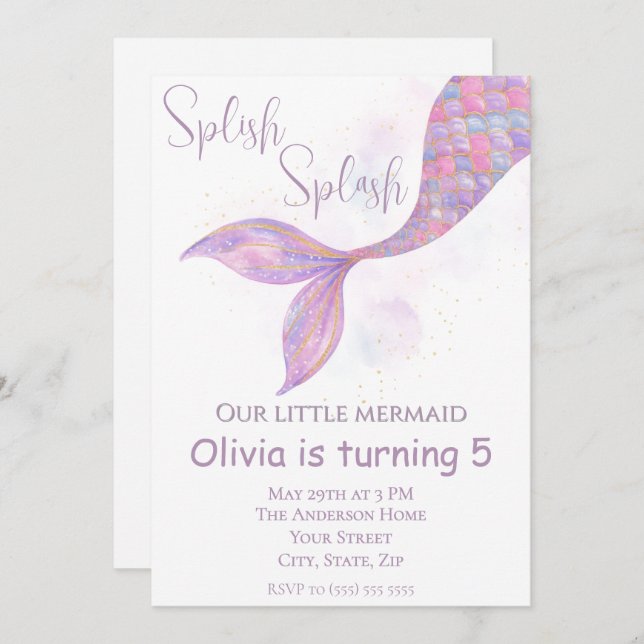 Splish Splash Mermaid Birthday Invitation (Front/Back)