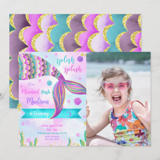 Splish Splash Mermaid Birthday Photo Invitation