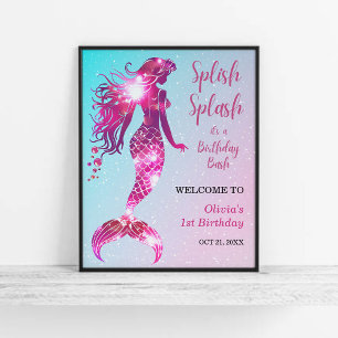 Splish Splash Mermaid Girl 1st Birthday Welcome  Poster
