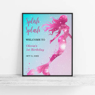 Splish Splash Mermaid Girl 1st Birthday Welcome  Poster