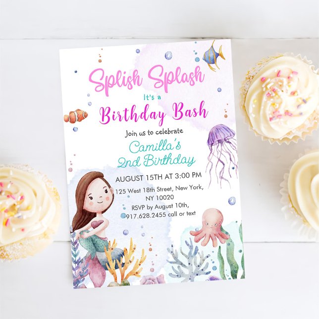 Splish Splash Mermaid Girl 2nd Birthday Party Invitation (Creator Uploaded)