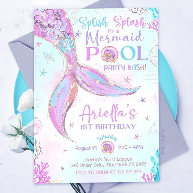 Splish Splash Mermaid Pool Party Invitation Girl (Creator Uploaded)