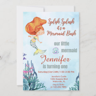 Splish Splash Orang Mermaid Bash Girl 1st Birthday Invitation