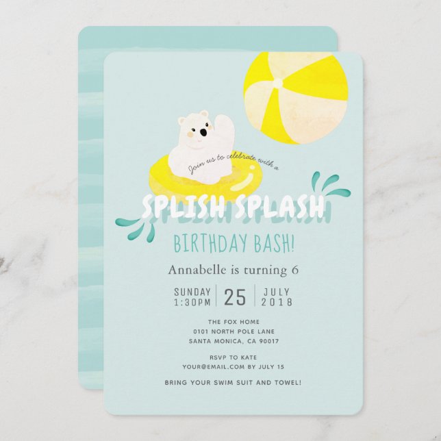 Splish Splash Polar Bear Blue Birthday Invitation (Front/Back)