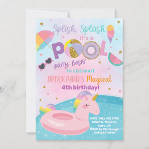 Splish splash pool party birthday bash, unicorn. invitation