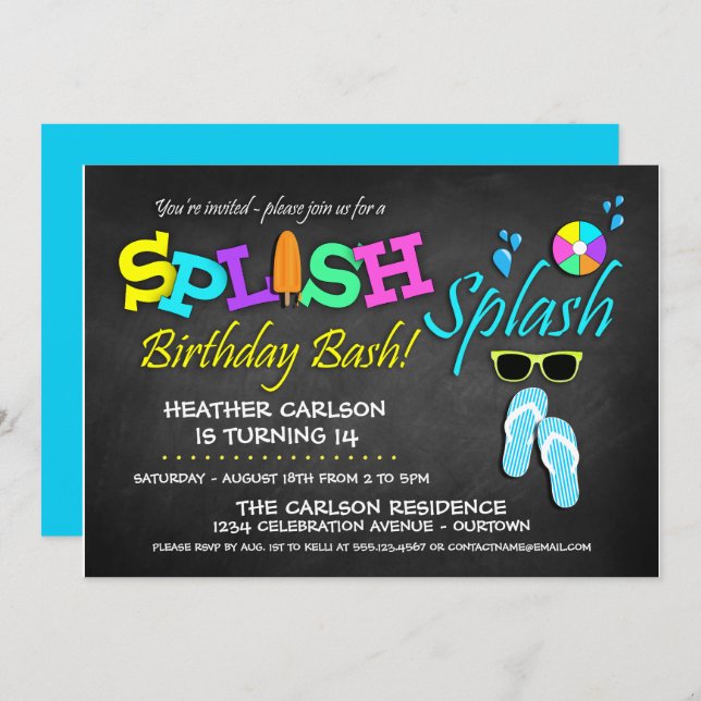 Splish Splash Pool Party Birthday Invitations (Front/Back)