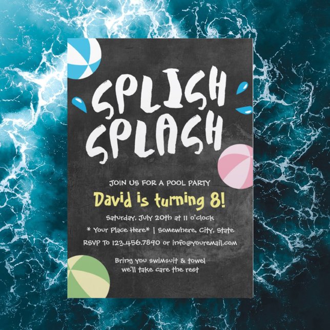 Splish Splash Pool Party Chalkboard Birthday Invitation (Creator Uploaded)