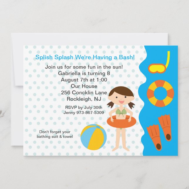 Splish Splash Pool Party Girls Birthday Invitation (Front)