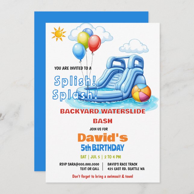 Splish Splash Pool Party Waterslide Birthday  Invitation (Front/Back)