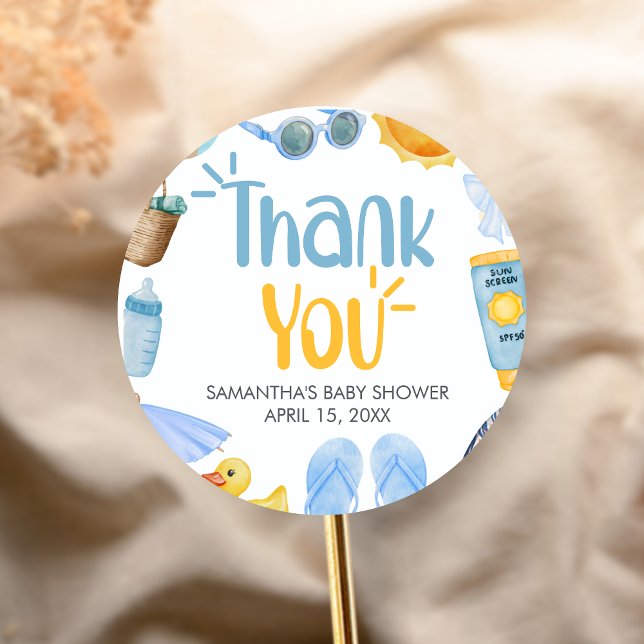 Splish Splash Summer Baby Shower Classic Round Sticker (Blue Splish Splash Baby Shower Sticker)