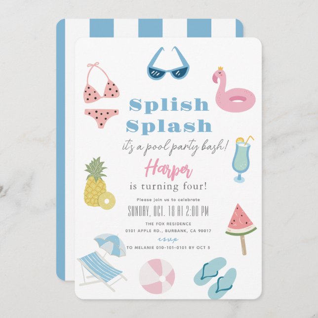 Splish Splash Summer Pool Party Girl Birthday Invitation (Front/Back)