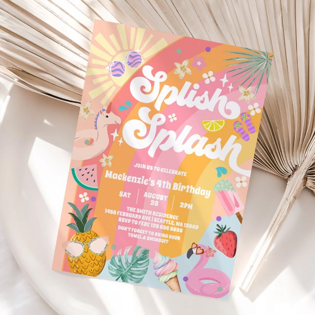 Splish Splash Summer Rainbow Sun Birthday Invitation (Creator Uploaded)