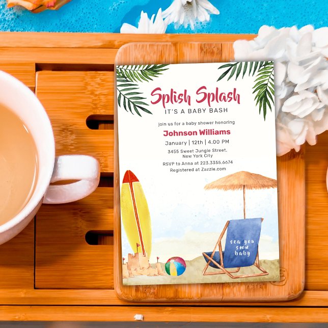 Splish Splash Surfboard Beach Boy Baby Shower   Invitation (Splish Splash Surfboard Beach Boy Baby Shower Invitation)